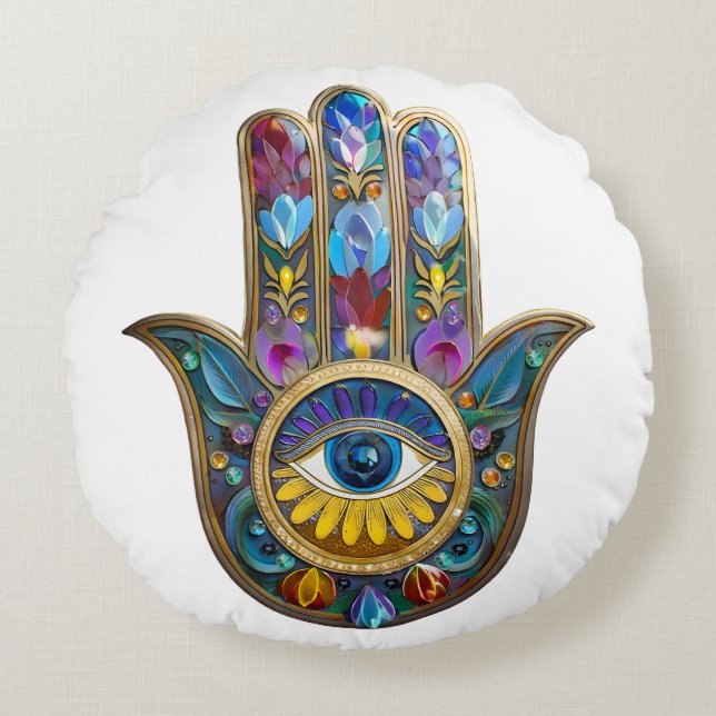 Colorful Petals Leaves Hamsa Sapphire Third Eye Round Cushion (Front)