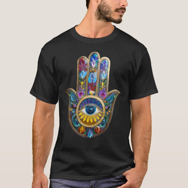 Colorful Petals Leaves Hamsa Sapphire Third Eye T-Shirt (Front)
