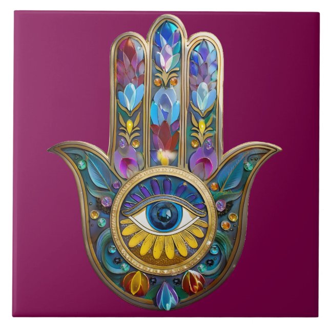 Colorful Petals Leaves Hamsa Sapphire Third Eye Tile (Front)