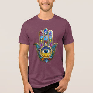 Colorful Petals Leaves Hamsa Sapphire Third Eye Tri-Blend Shirt
