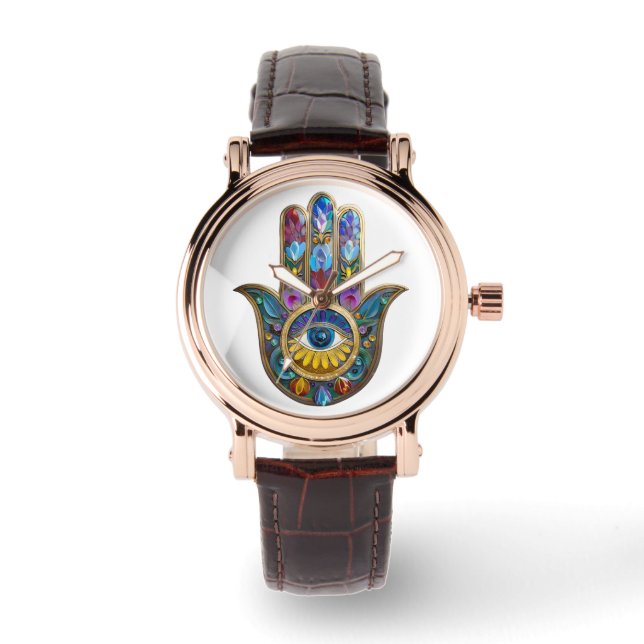 Colorful Petals Leaves Hamsa Sapphire Third Eye Watch (Front)