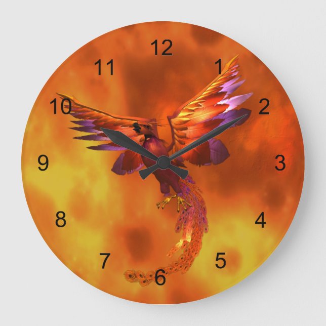 Colorful Phoenix Flying Against a Fiery Background Large Clock (Front)