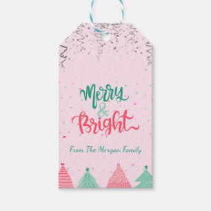 Colorful Pine Trees,Confetti,Merry And Bright Pink Gift Tags