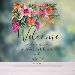 Colorful Pink and Orange Tropical Flowers Welcome Acrylic Sign