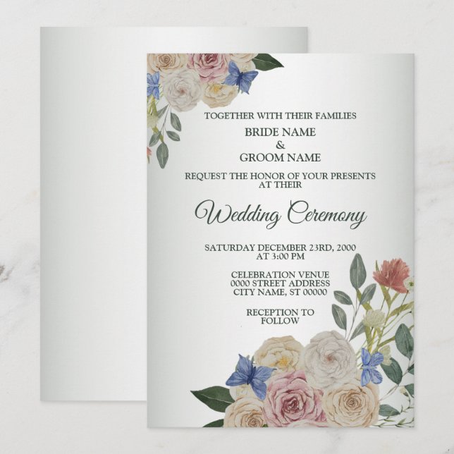 Colorful Pink Floral Blue Butterfly Green Wedding Invitation (Front/Back)