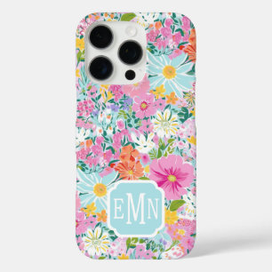 Colorful Pink Garden Monogrammed iPhone 16 Pro Case