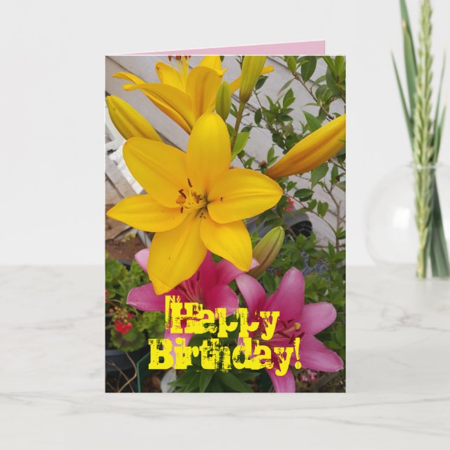 Colorful Pink Lily floral Flower Birthday Card (Front)