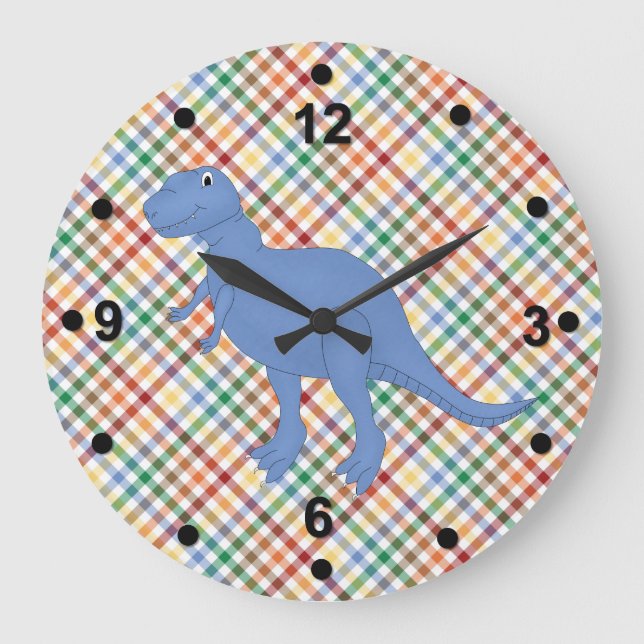 Colorful Plaid & Dinosaur Kid's Clock (Front)
