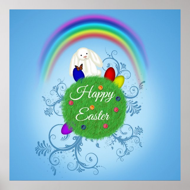 Colorful Planet & Rainbow Cute Bunny Happy Easter Poster (Front)
