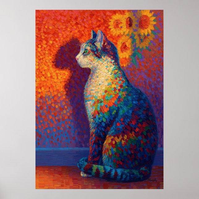 Colorful Pointillism Cat with Sunflowers Art Poster (Front)