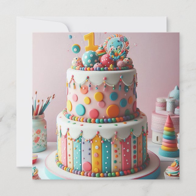 COLORFUL POLKA DOT CAKE 1st BIRTHDAY Invitation (Front)