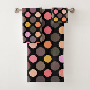 colorful polka dots on black bath towel set