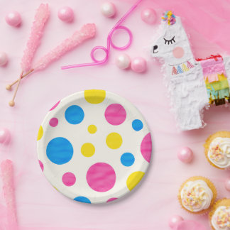 Colorful Polka Dots Pink Blue Yellow Retro Paper Plate