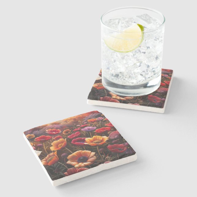 Colorful Poppies Stone Coaster (Side)