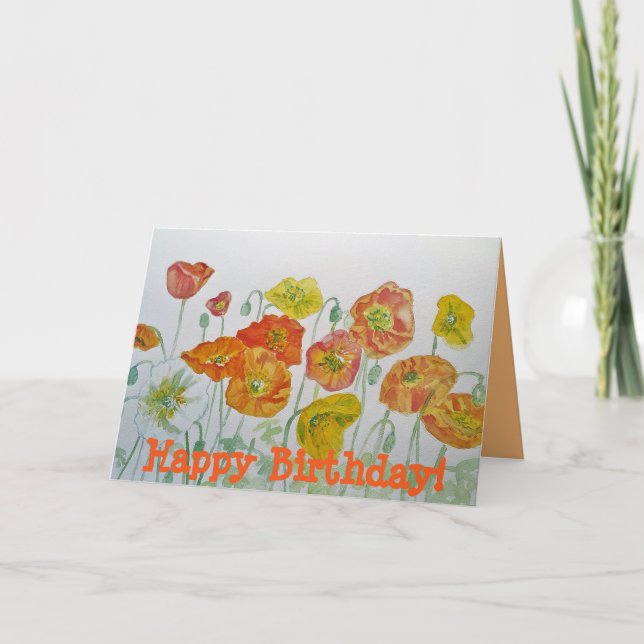 Colorful Poppy Watercolor Happy Birthday Card (Front)
