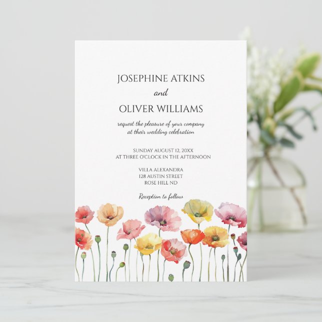 Colorful poppy wild flowers wedding invitation  (Standing Front)