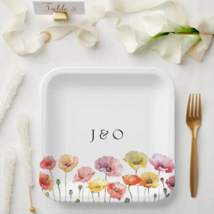 Colorful poppy wild flowers wedding  paper plate