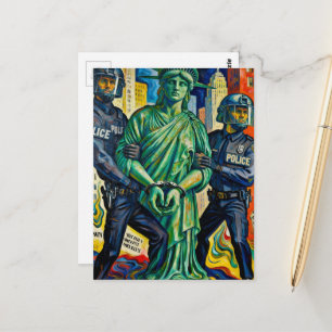 colorful protest lady liberty arrested by police postcard