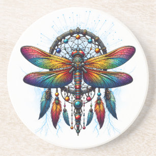Colorful Psychedelic Dragonfly Dreamcatcher Boho Coaster
