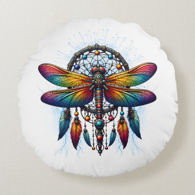 Colorful Psychedelic Dragonfly Dreamcatcher Boho Round Cushion (Front)