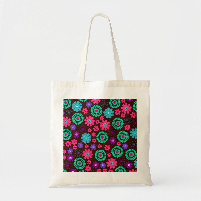 Colorful Psychedelic Funky Flower Pattern Tote Bag (Front)