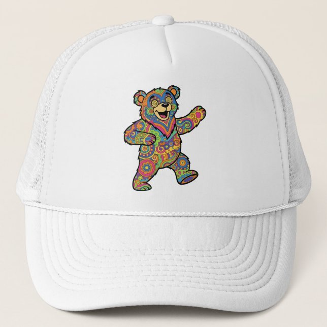 Colorful Psychedelic Teddy Bear Art Trucker Hat (Front)