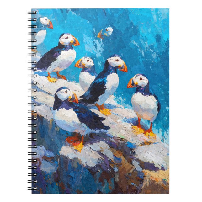 Colorful Puffins Seaside Cliff Painting Art Notebook (Front)