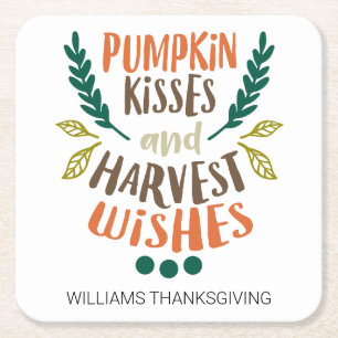 Colorful Pumpkin Kisses Personalized Thanksgiving Square Paper Coaster