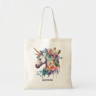 Colorful Purple Magical Floral Unicorn Watercolor Tote Bag