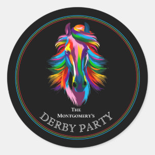 Colorful Racehorse Derby Party Black Classic Round Sticker