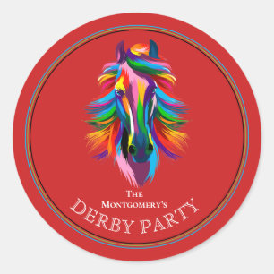 Colorful Racehorse Derby Party Red Classic Round Sticker