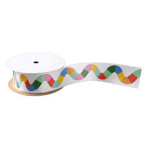 Colorful Rainbow Check Wavy Line and White Satin Ribbon