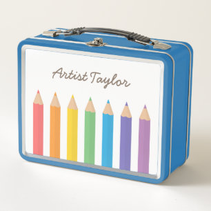 Colorful Rainbow Coloring Pencils Kids Artist Metal Lunch Box