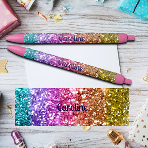 Colorful Rainbow Glitter Custom Name Black Ink Pen