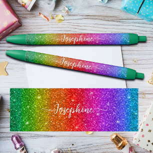 Colorful Rainbow Glitter Custom Name Black Ink Pen