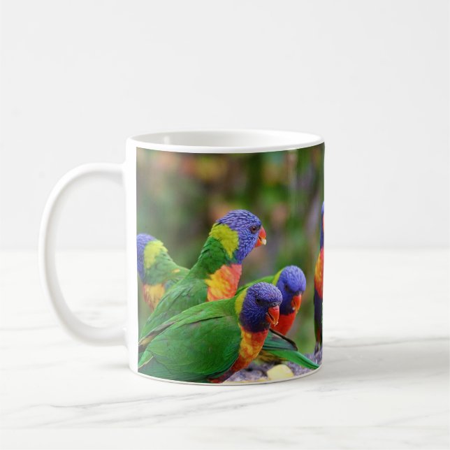 Colorful Rainbow Lorikeet Parrots Eating Coffee Mug (Left)