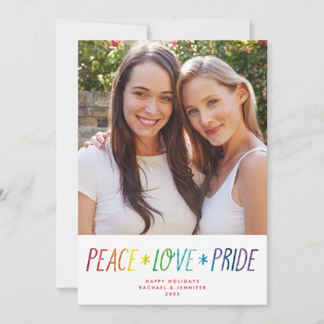 Colorful Rainbow Peace Love Pride LGTBQ+ Photo Holiday Card (Front)