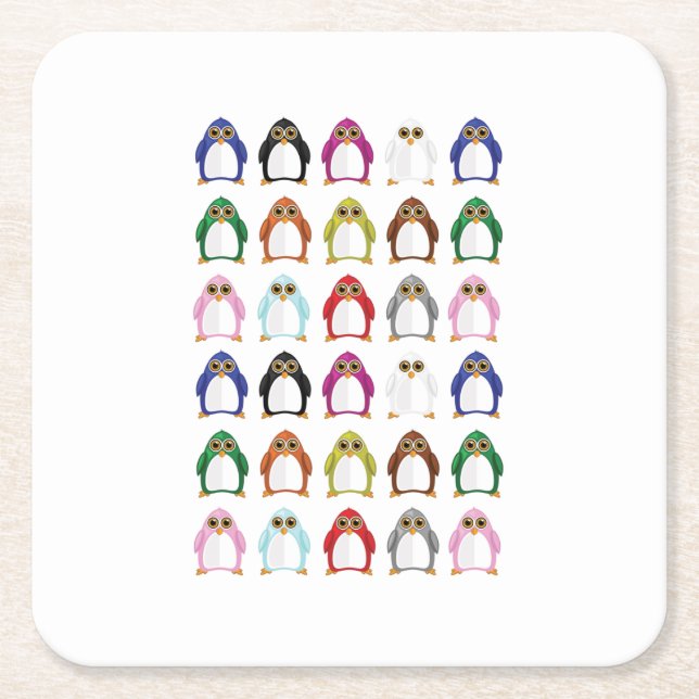 Colorful Rainbow Penguin Pattern Square Paper Coaster (Front)