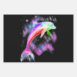 colorful rainbow pink dolphin ocean galaxy space . wrapping paper sheet