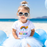 Colorful Rainbow Sunshine Birthday Toddler Baby T-Shirt<br><div class="desc">Make her birthday extra bright with this cheerful white toddler tee featuring a vibrant illustrated rainbow with clouds and sunshine above colorful "Birthday" lettering. The name, age, and birthday number are all fully customizable for a one-of-a-kind celebration look. A joyful and photogenic outfit for rainbow-themed birthday parties, milestone birthdays, and...</div>