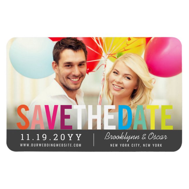 Colorful Rainbow Text Modern Photo Save The Date Magnet (Horizontal)
