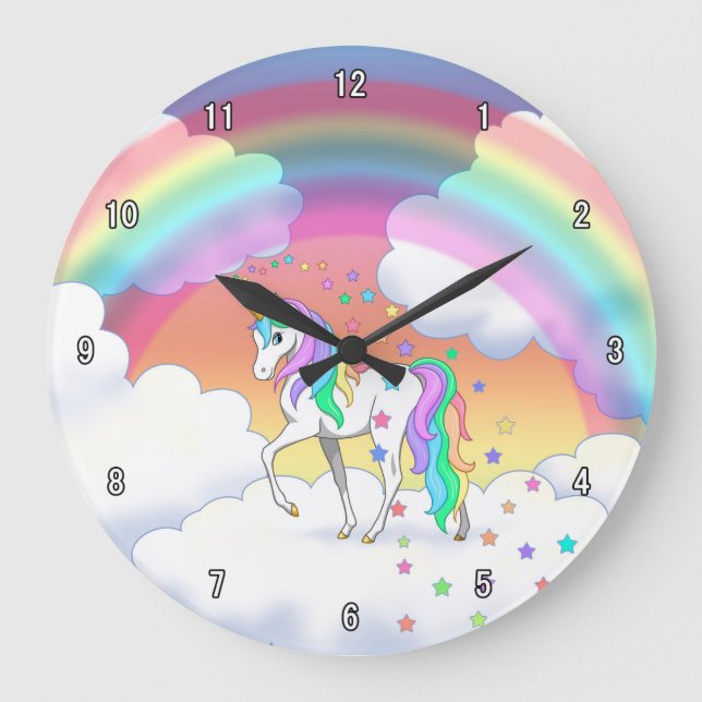 Colorful Rainbow Unicorn and Stars Large Clock (Front)