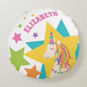 Colorful Rainbow Unicorn Stars Girly Custom Name Round Cushion