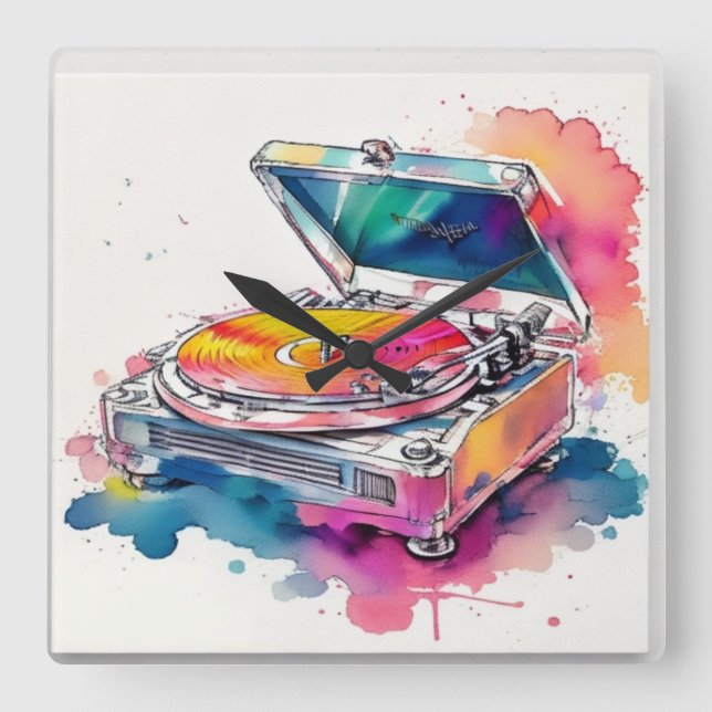 Colorful Record Player Square Wall Clock (Front)