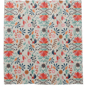 Colorful red floral blue birds folk art pattern shower curtain