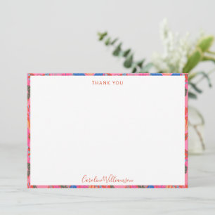 Colorful Red Floral Script Name Bridal Shower Thank You Card
