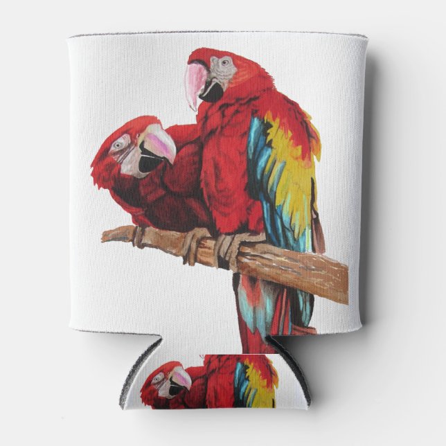 Colorful Red Macaw Watercolor Painting Design Can Cooler (Front)