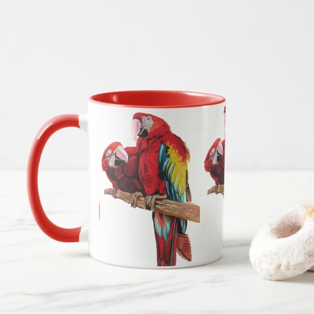 Colorful Red Macaw Watercolor Painting Design Mug (With Donut)