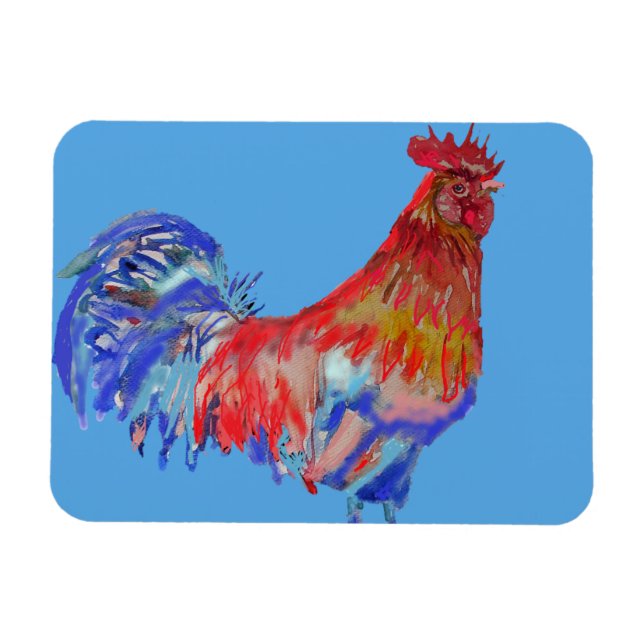 Colorful Red Rooster painting Blue Fridge Magnet (Horizontal)