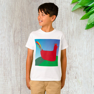 Colorful Red Rooster with Rainbow Tail on Hill  T-Shirt
